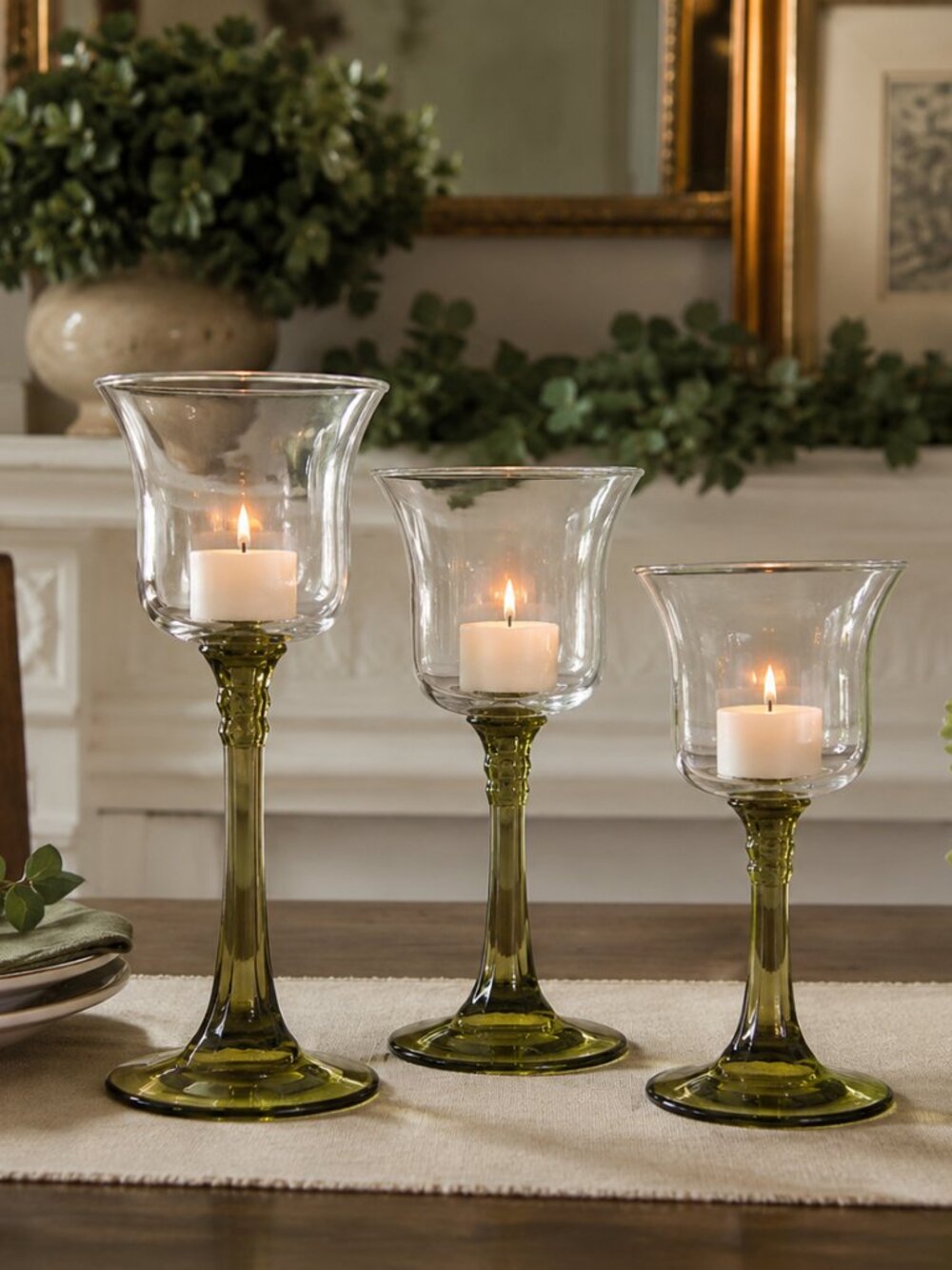 PartyLite Set of 3 Olive Green Stemmed Glass Votive Candle Holders Graduated Hei